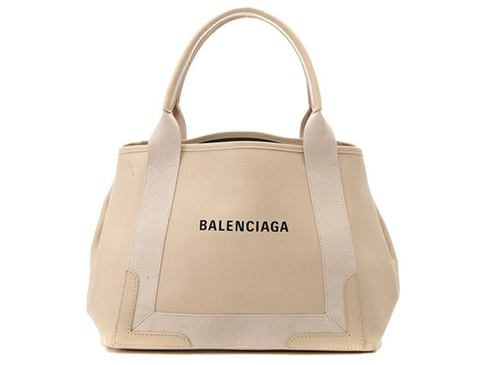 Balenciaga Navy Blue Cabas Handbag Beige Cream Canvas Leather